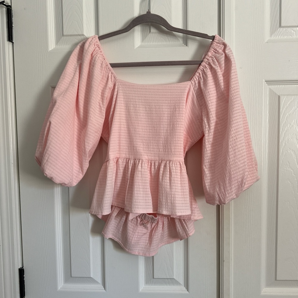 Women's Pink Peplum Puff Sleeve Top